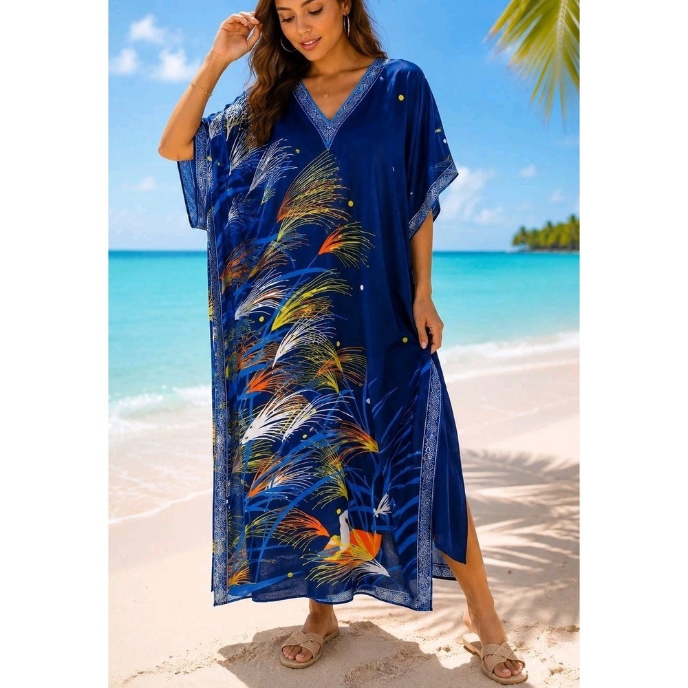 Miss Lavish London Kaftan Cover Up Dress XL Blue Tropical Beach Vacation NWT